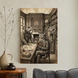 Anthropomorphic Animals Library Canvas Print, Dark Academia Wall Art, Vintage Bear Deer Fox Study, Scholarly Library Print, Sepia Room Decor