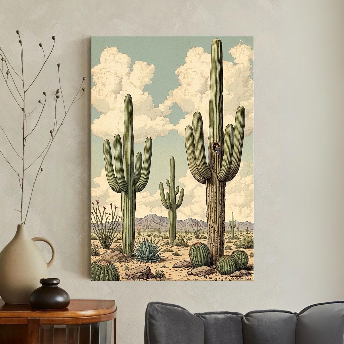 Saguaro Cactus Wall Art Canvas Print, Desert Landscape Illustration ...