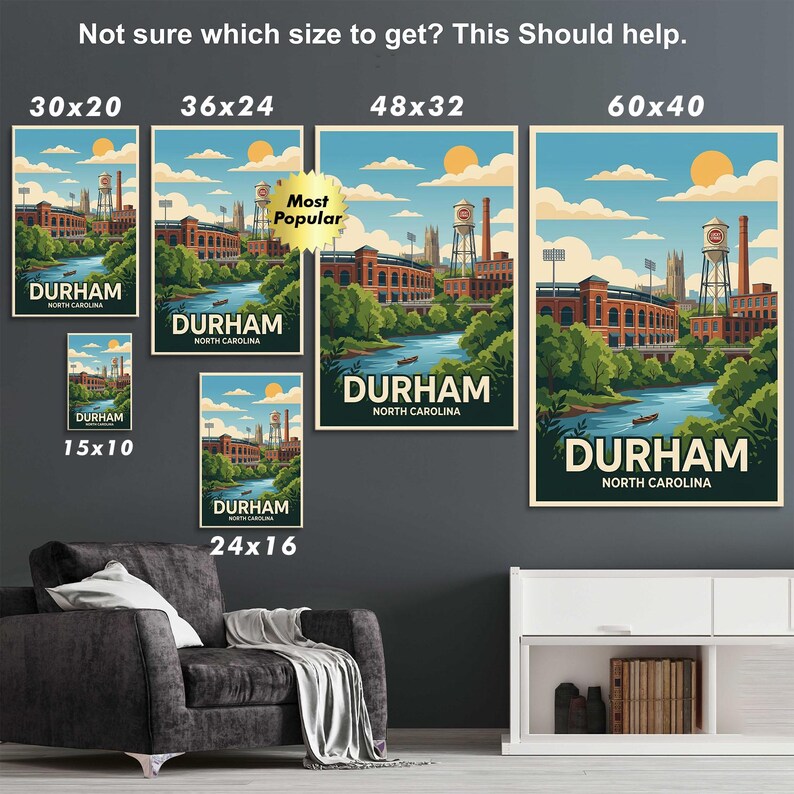 Durham North Carolina Canvas Print Wall Art, Vintage Travel Poster Decor, Retro Cityscape, Duke University Art, Lucky Strike Tobacco Gift image 8