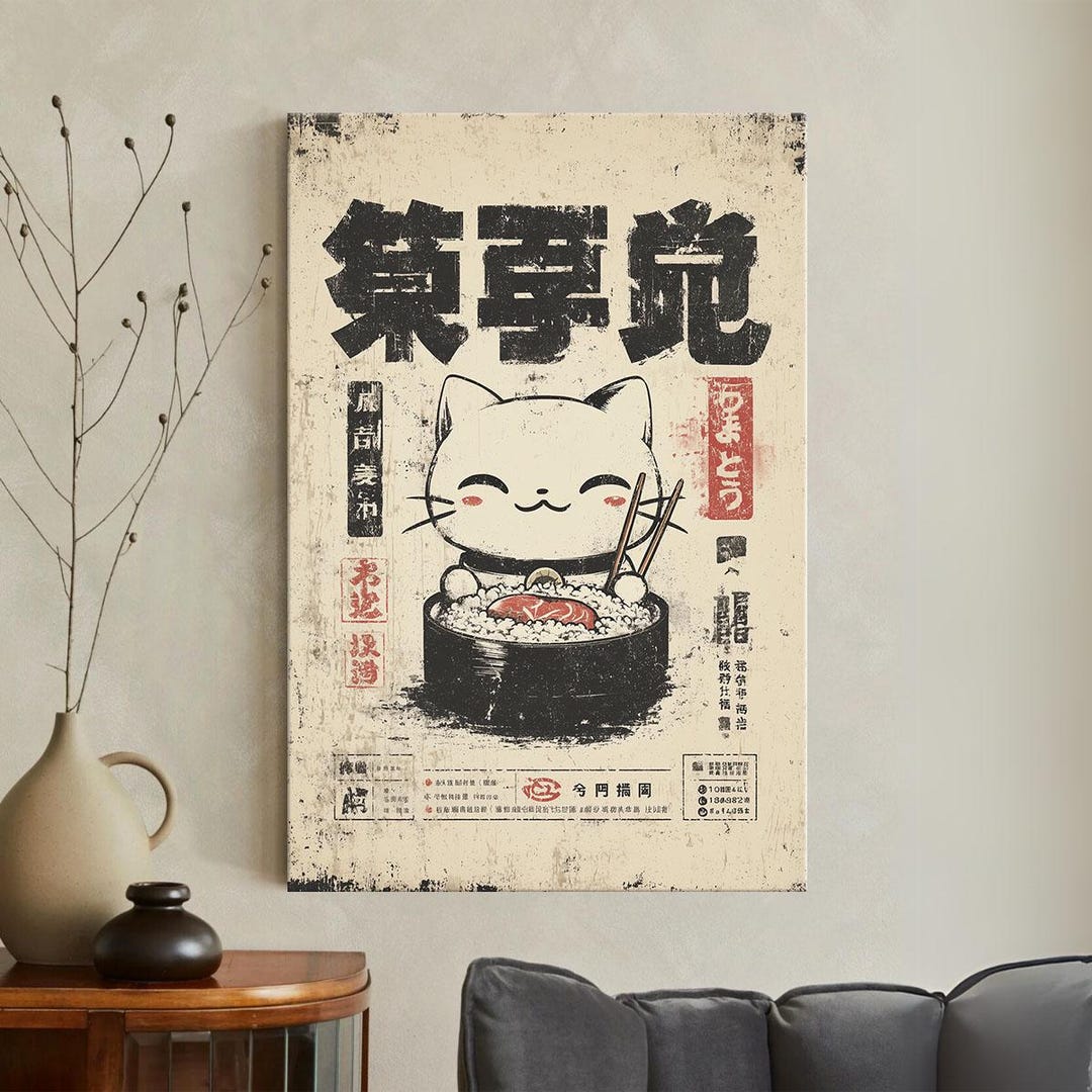Vintage Japanese Cat Poster Canvas Print, Kawaii Noodle Bowl Wall Art ...