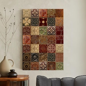 Vintage Tile Pattern Canvas Print, Arts and Crafts Style Wall Art, Earth Tone Mosaic Decor, Rustic Ceramic Motif, Warm Botanical Artwork