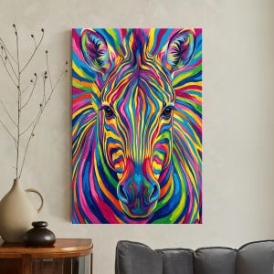Rainbow Zebra Wall Art, Canvas Print, Large Colorful Animal Decor, Psychedelic Zebra Painting, Abstract Zebra Portrait, Vibrant Room Decor