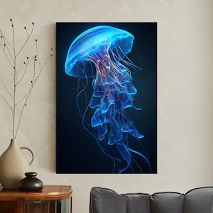 May include: A vibrant, digitally rendered canvas print of a jellyfish. The jellyfish is depicted in shades of blue, with a glowing effect, set against a dark background. The artwork captures the ethereal beauty of marine life.