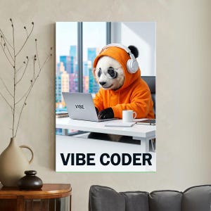 May include: A framed print showing a panda in an orange hoodie, glasses, and headphones, using a laptop. The laptop displays "VIBE". A white mug and phone are on the desk. The text "VIBE CODER" is at the bottom of the image.