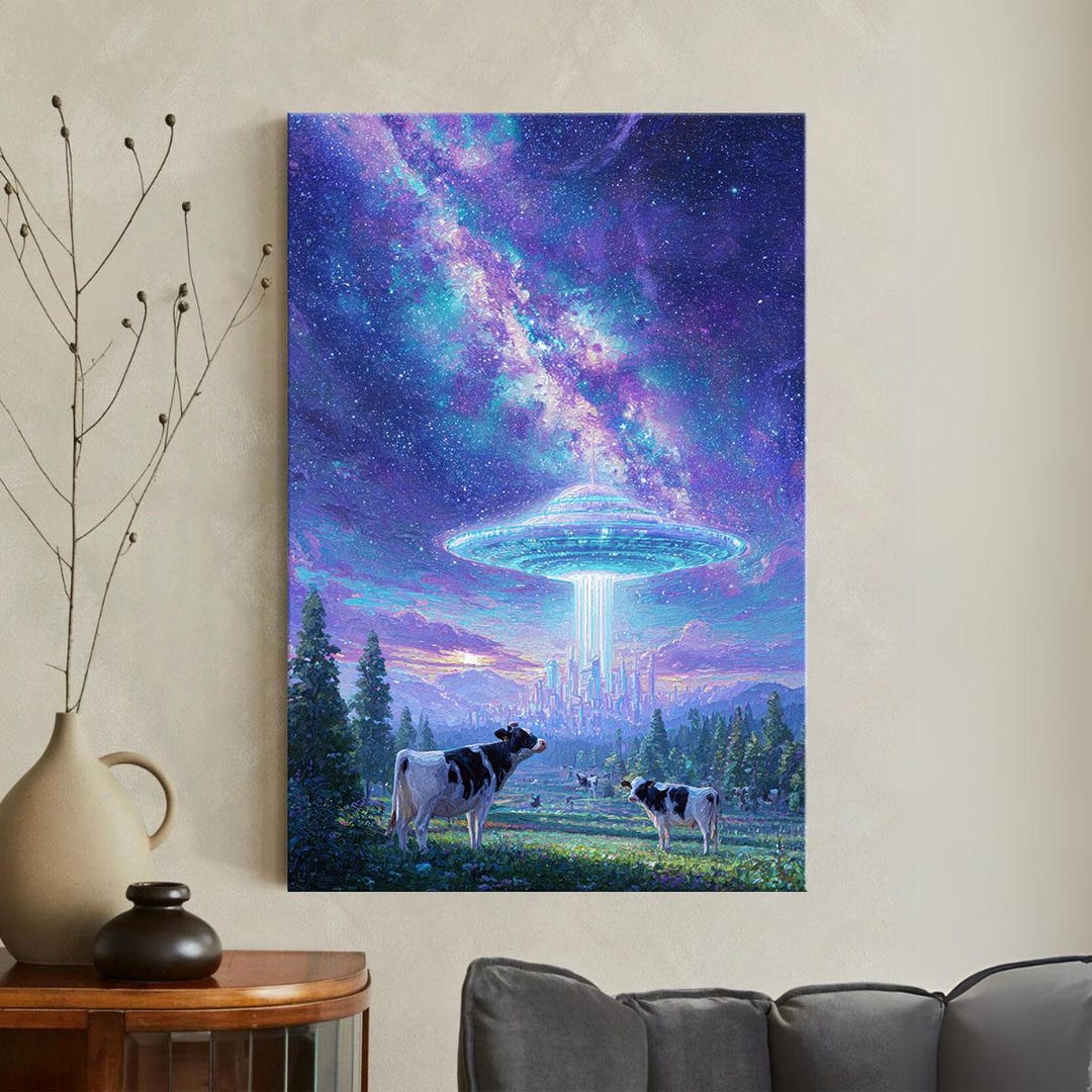 Alien UFO Cow Canvas Print, Sci Fi Galaxy Wall Art, Surreal Starry ...