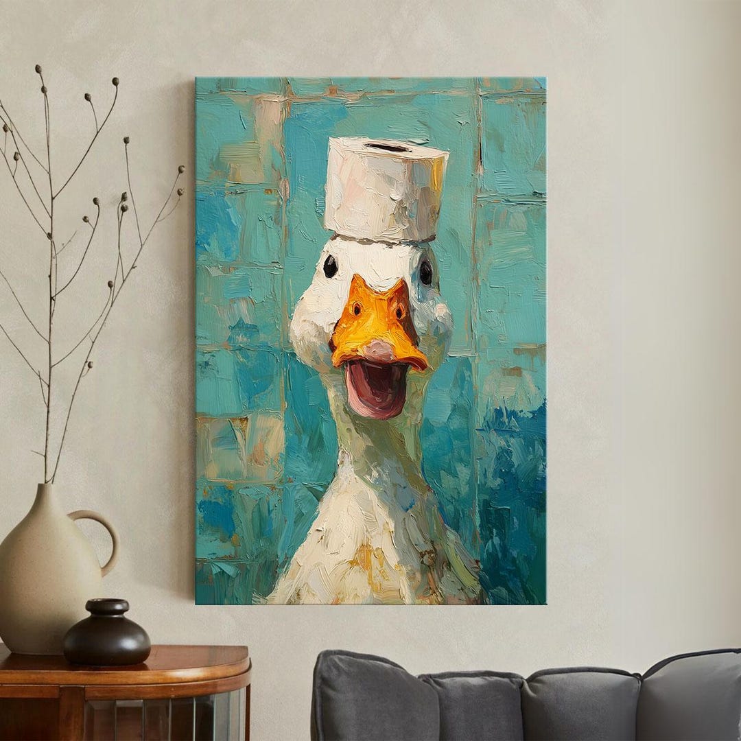 Funny Duck Bathroom Wall Art Canvas Print, Whimsical Animal Toilet ...
