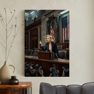May include: A canvas print depicts a woman in a black blazer at a podium, giving the middle finger. The scene is set in a government building with American flags and microphones. Photographers with cameras are in the foreground.