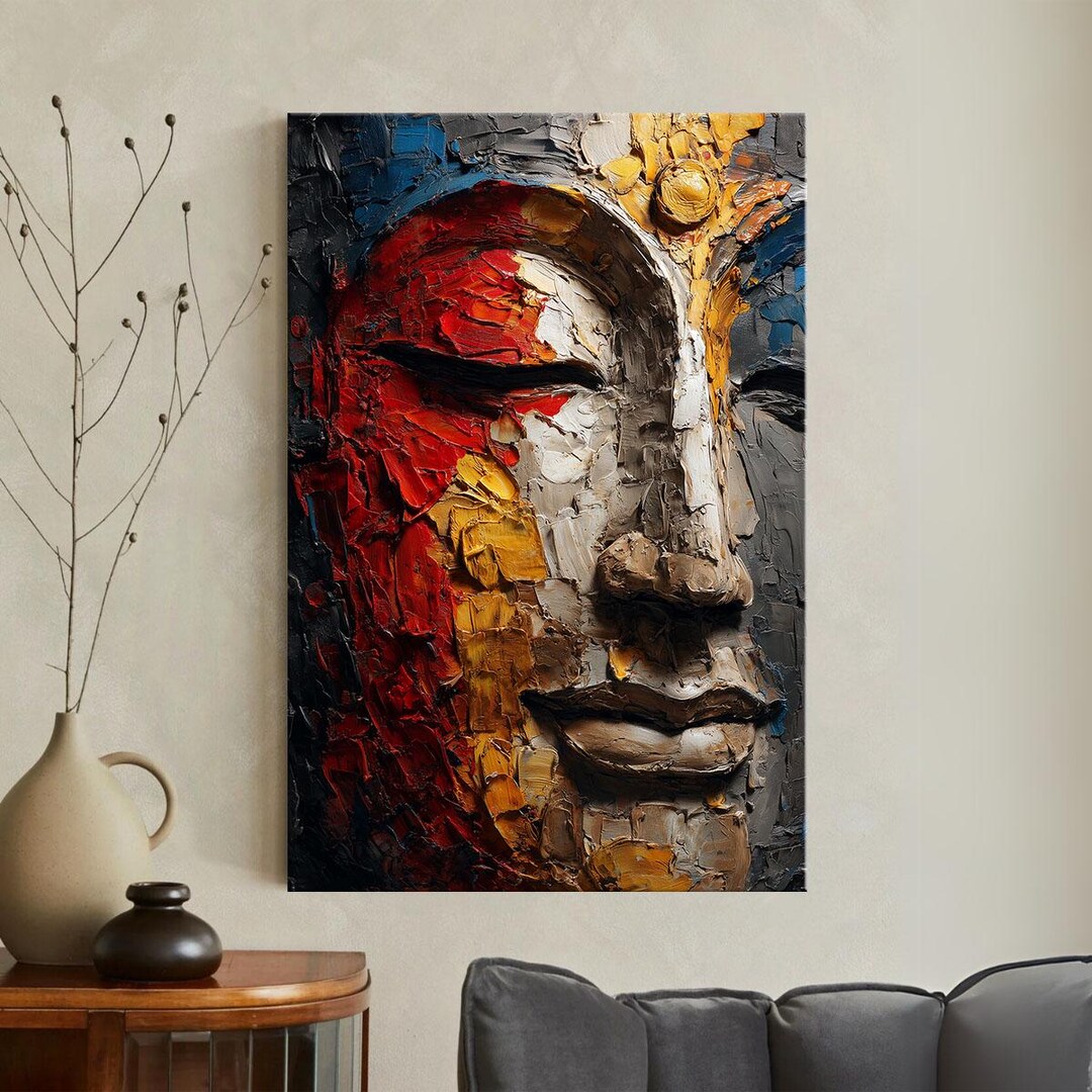 Abstract Buddha Face Canvas Print, Textured Impasto Oil Painting ...