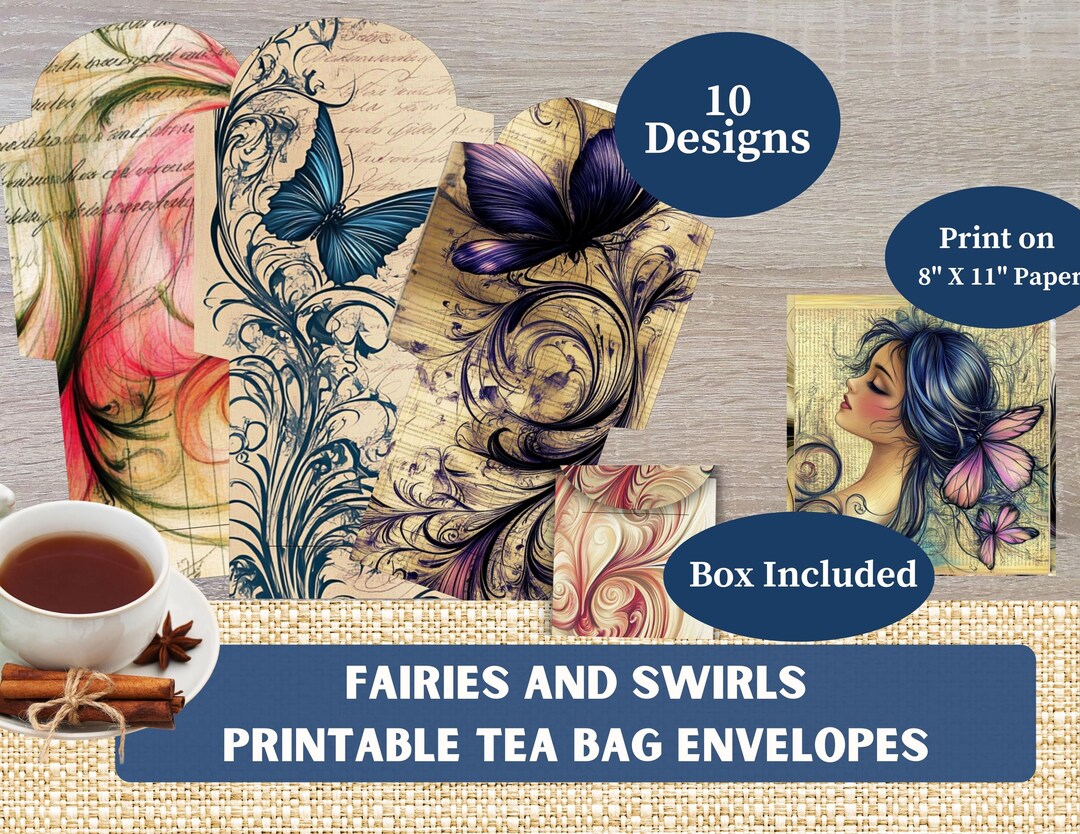 Fairies & Swirls Printable Tea Bag Envelopes Matching Box - 10 Elegant ...
