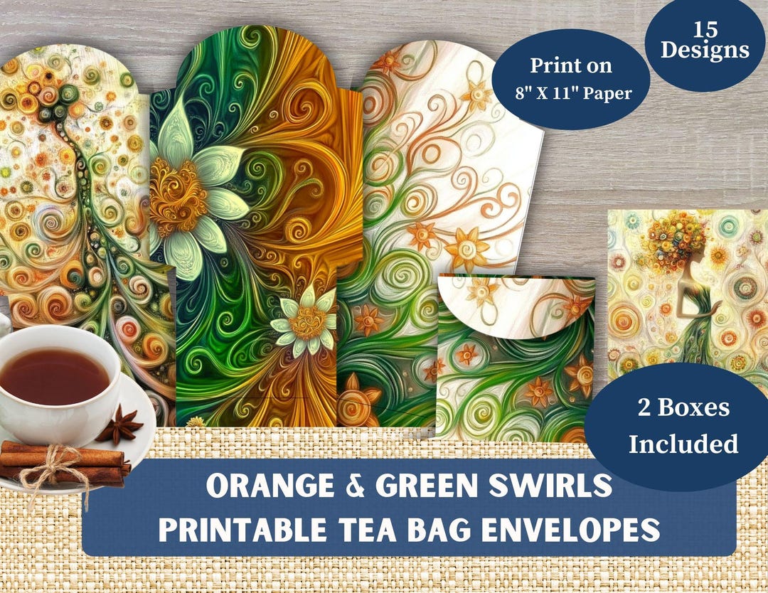 Orange & Green Swirls Printable Tea Bag Envelopes Matching Box - 15 ...