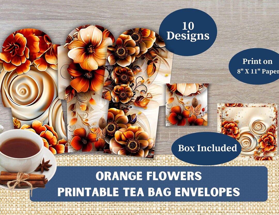 Orange Flowers Printable Tea Bag Envelopes With Matching Box - 10 ...