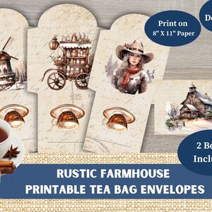 May include: Printable tea bag envelopes featuring 15 rustic farmhouse designs. The designs include a windmill, a horse-drawn carriage, a woman in a hat, and a farmhouse. The envelopes are designed to be printed on 8 x 11 inch paper.