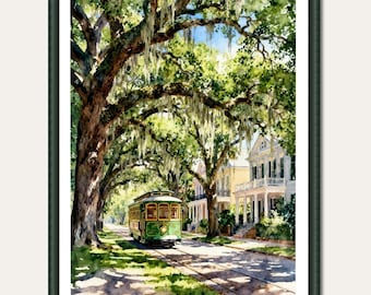 St. Charles Avenue Trolley New Orleans Watercolor, NOLA Streetcar Wall Art, Louisiana Garden District Decor, Southern Oak Trees Print