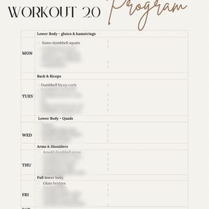 Peut inclure: Un programme d'entraînement à domicile de 8 semaines, version 2.0, sur fond beige. Le programme comprend des exercices pour le bas du corps, le dos, les biceps, les quadriceps, les bras, les épaules et le bas du corps complet.