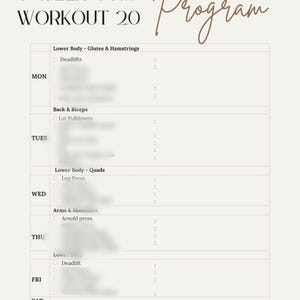 Könnte beinhalten: Ein beigefarbenes 8-Wochen-Trainingsprogramm für das Fitnessstudio mit dem Titel "8 Week Gym Workout 2.0 Program". Das Programm umfasst Übungen für Unterkörper, Rücken, Bizeps, Arme und Schultern.