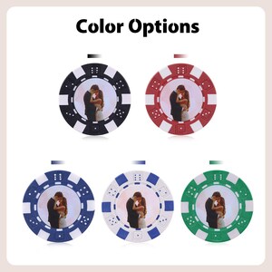 May include: Poker chip ornaments in black, red, blue, white, and green. Each chip features a photo of a couple embracing. The text "Color Options" is at the top of the image.