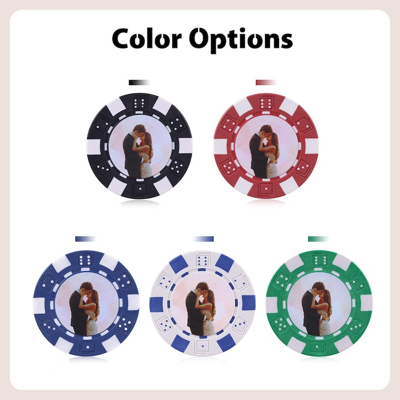May include: Poker chip ornaments in black, red, blue, white, and green. Each chip features a photo of a couple embracing. The text "Color Options" is at the top of the image.
