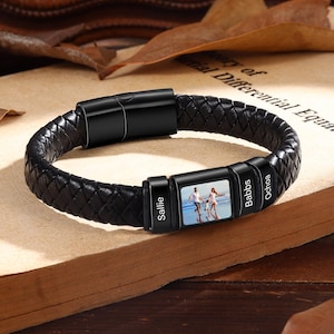 Custom Photo Bracelet for Men ,Personalized Leather Bracelet with Kids’ Names, Gift for Dad, Husband, ,Father’s Day, Remember photo