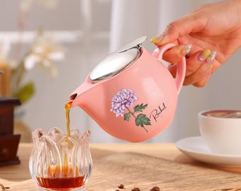 Personalized Birth Flower Teapot,Coffee Maker,Custom Name Floral Tea Pot, Ceramic Coffee Pot,Tea Lover Gift,Mother's Day Retirement Gift