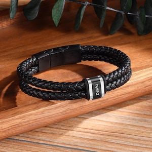Personalized Braided Leather Bracelet: Custom Name Engraved Men&#39;s Jewelry
