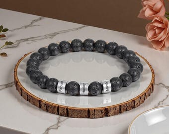 Custom Men's Lava Stone Bracelet with 2-4 Name Beads ,Personalized Gift for Dad, Husband, or Him on Father’s Day