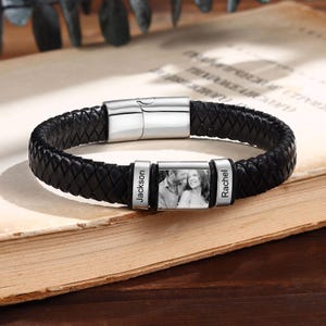 PU Leather Men's Bracelet,Personalized Remember Photo Bracelet for Him, Custom Jewelry,Kid's names,Gift for Boyfriend，Father’s Day
