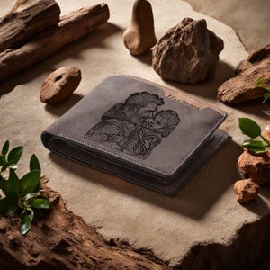 Cartera de cuero grabable, patrón de cartera personalizado, regalo personalizado con foto para recordar a tu esposo o novio, Día del Padre.