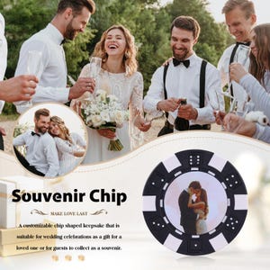 May include: A black and white souvenir chip with a photo of a couple kissing. The chip is surrounded by a wedding scene with people holding champagne glasses. Text on the image reads "Souvenir Chip" and "Make Love Last".