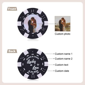 May include: Black and white poker chip with a custom photo of a couple on the front. The back of the chip has the text "Olivia & Chase", "Lucky in Love", a heart symbol, and the date "8.24.2024".