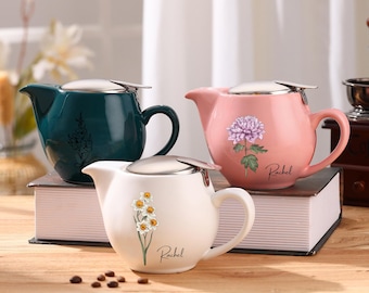 Personalized Birth Flower Teapot,Coffee Maker,Custom Name Floral Tea Pot, Ceramic Coffee Pot,Tea Lover Gift,Mother's Day Retirement Gift