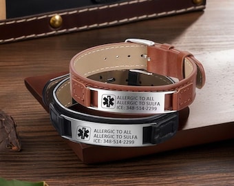 Personalized Leather & Steel Medical Alert Bracelet: Engraved emergency SOS ID wristband,Gifts for diabetes,allergy sufferers,Adjustable