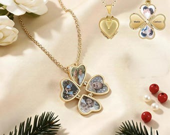 Medallón de foto personalizado de 4 corazones, collar personalizado con capacidad para 2 fotos y 2 nombres, colgante de trébol plegable.