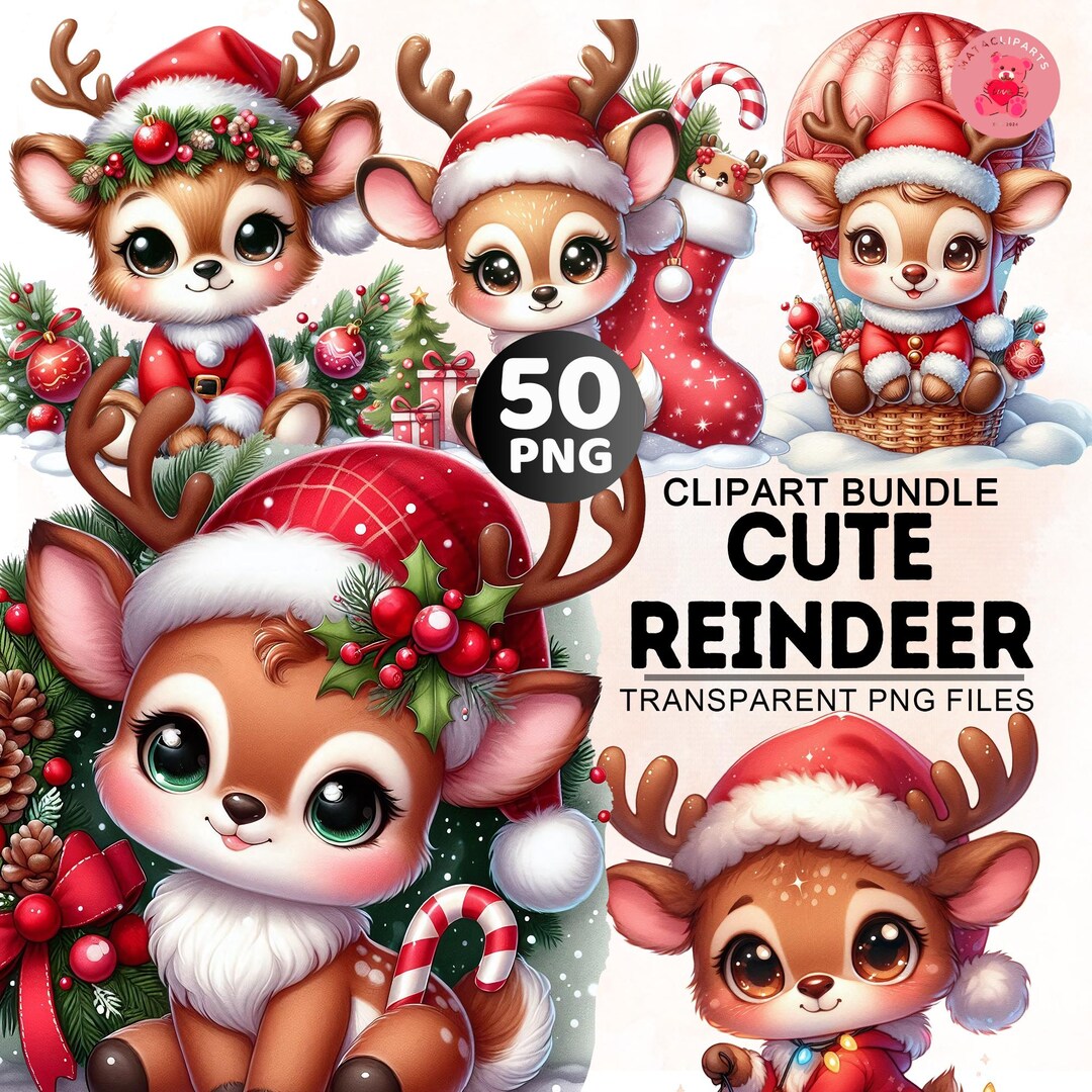 50+ Christmas Bundle Png, Watercolor Cute Reindeer Clipart, Funny ...