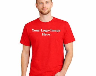 May include: A red crew neck t-shirt with the text "Your Logo/Image Here" in white. The short-sleeved shirt is made of a soft material and is suitable for custom designs or branding.