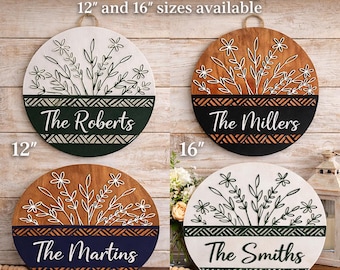 May include: Custom round signs with floral designs and family names. Available in 12-inch and 16-inch sizes. Each sign features a unique color scheme and a decorative border. The signs are personalized with names like "The Roberts," "The Millers," "The Martins," and "The Smiths."