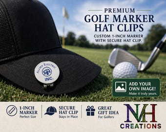 May include: A black golf hat with a 1-inch marker attached, featuring the text "ALLIED ELECTRIC INC." The image includes a golf ball, club, and text that reads "PREMIUM GOLF MARKER HAT CLIPS."