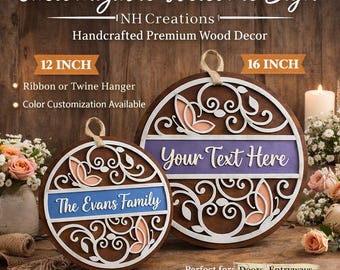 May include: Two round, handcrafted wooden welcome signs. One is 12 inches, the other 16 inches. Both have a brown base, white decorative cutouts, and a space for custom text. They feature a ribbon hanger and are suitable for doors and entryways.