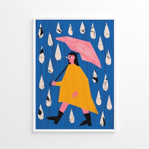 Rainy Day Walk – Cut Paper and Ink Illustration Print – Person in Yellow Raincoat with Umbrella in the Rain, UNFRAMED