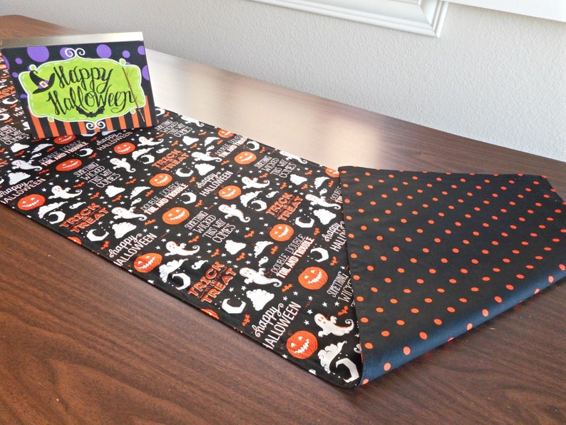 Ghosts Halloween Table Runner Pumpkins Trick or Treat Polka Dots Black Orange White Reversible Table Decor Halloween Decor