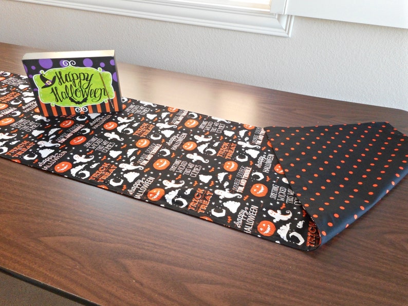 Ghosts Halloween Table Runner Pumpkins Trick or Treat Polka Dots Black Orange White Reversible Table Decor Halloween Decor