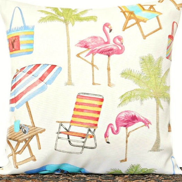 SALE 12.00 Flamingos Pillow Cover Cushion Coastal Tropical Outdoor Palm Trees Beach Pink Green Turquoise Yellow Decorative 16x16