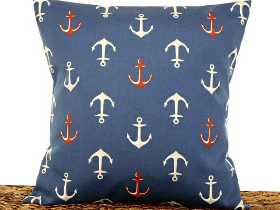 Anchors Outdoor Pillow Cover Cushion Nautical Navy Blue Red Anchors Outdoor Pillow Cover Cushion, Outdoor Anchor Pillow