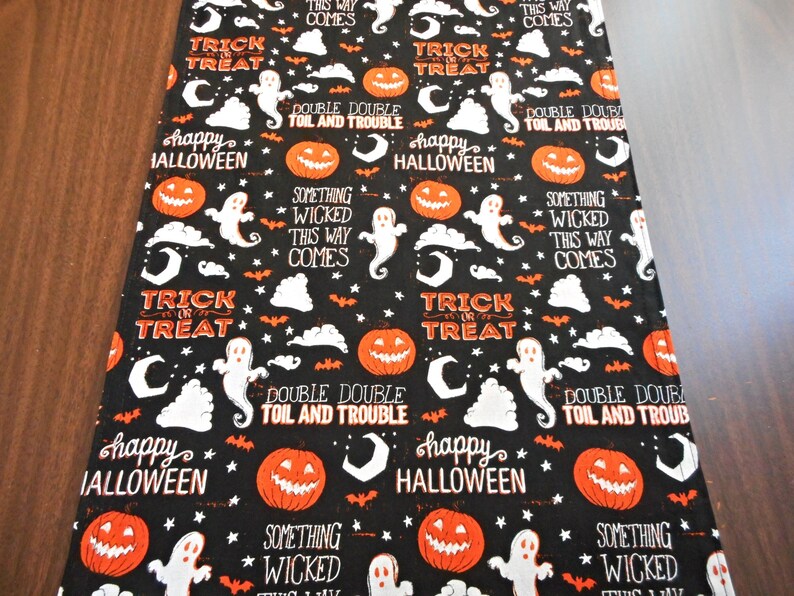 Ghosts Halloween Table Runner Pumpkins Trick or Treat Polka Dots Black Orange White Reversible Table Decor Halloween Decor