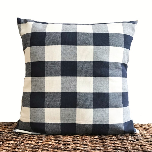 Buffalo Check Pillow Cover Cushion Navy Blue Beige Farmhouse Rustic Country Americana Patriotic Decorative Repurposed 18x18