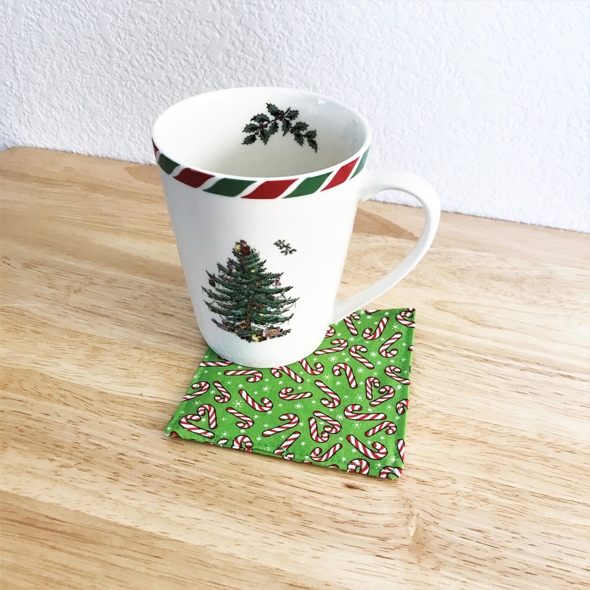 Christmas Fabric Coasters Mug Rugs Candy Canes Lime Green Red | Etsy