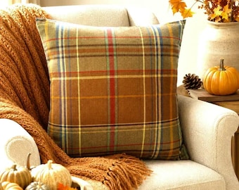 Fall Plaid Throw Pillow: Cover Cushion Rust Brown Green Repurposed 18x18