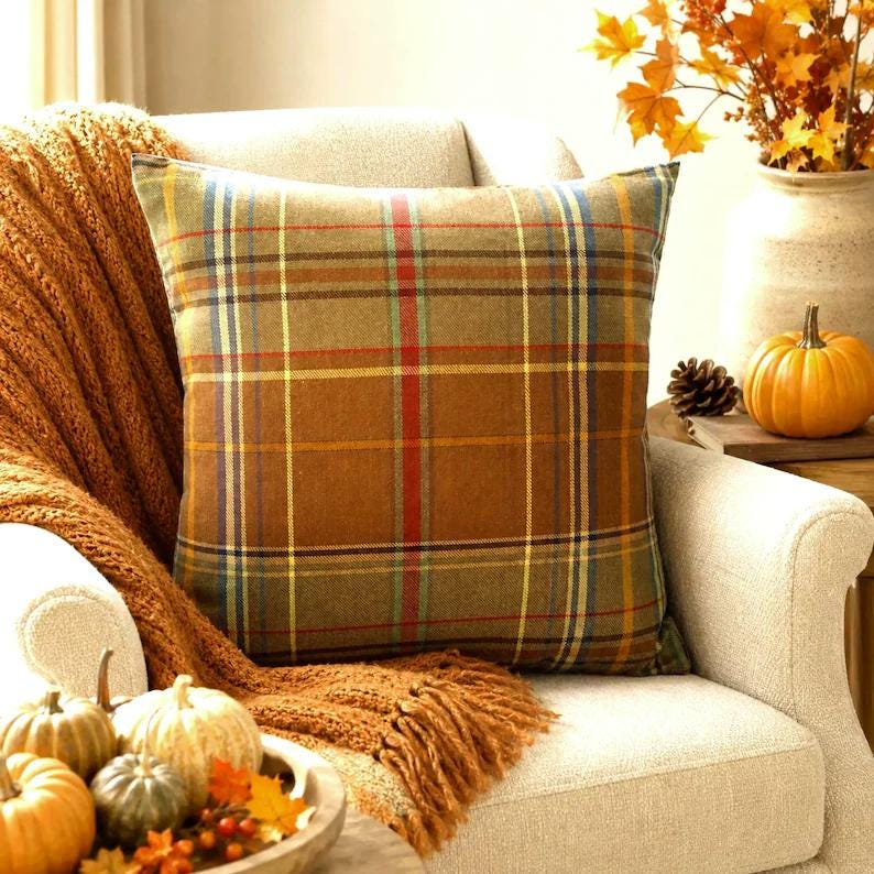 Fall Plaid Throw Pillow: Cover Cushion Rust Brown Green Repurposed 18x18 imagem 1
