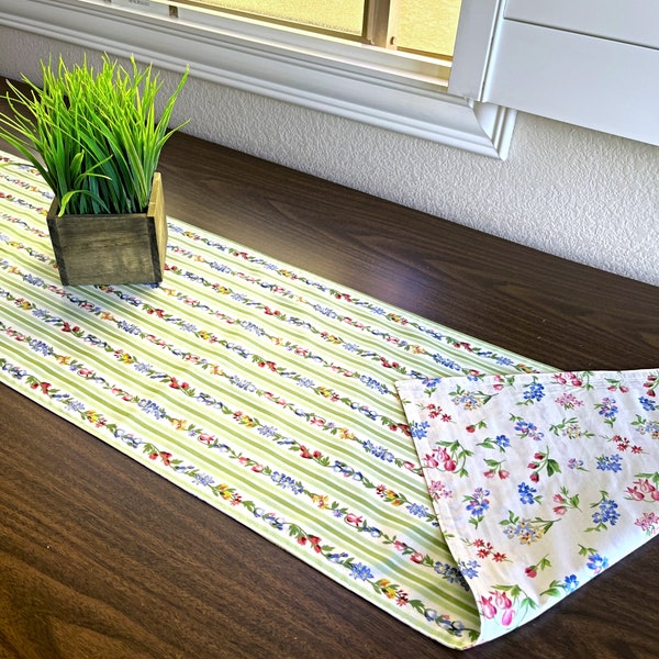 Floral Table Runner Stripes Green Blue Pink Mustard Yellow Beige Summer Picnic Garden Party Reversible 13x70