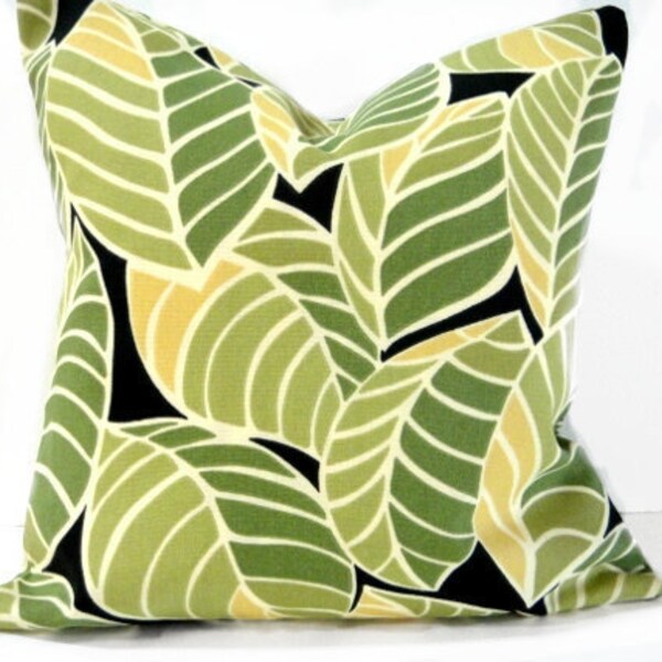 Pillow Covers Leaves Green Mustard Black Designer Decorative Abstract Modern Pair 16x16