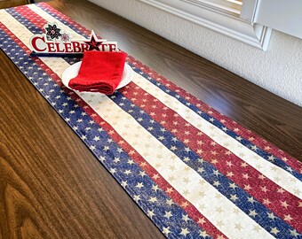 Patriotic Table Runner Stars Stripes Fourth of July Red Beige Blue Gold Stars and Stripes Americana Picnic Reversible Independence Day 13x70